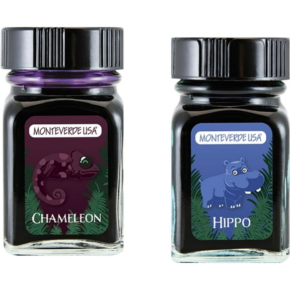 Monteverde 60ml Ink, Chameleon (Burgundy), Hippo (Dark Blue) Jungle Ink (G309CM, G309HI) Fountain Pen Ink (30ml Each Ink Bottle, 2 Pack)