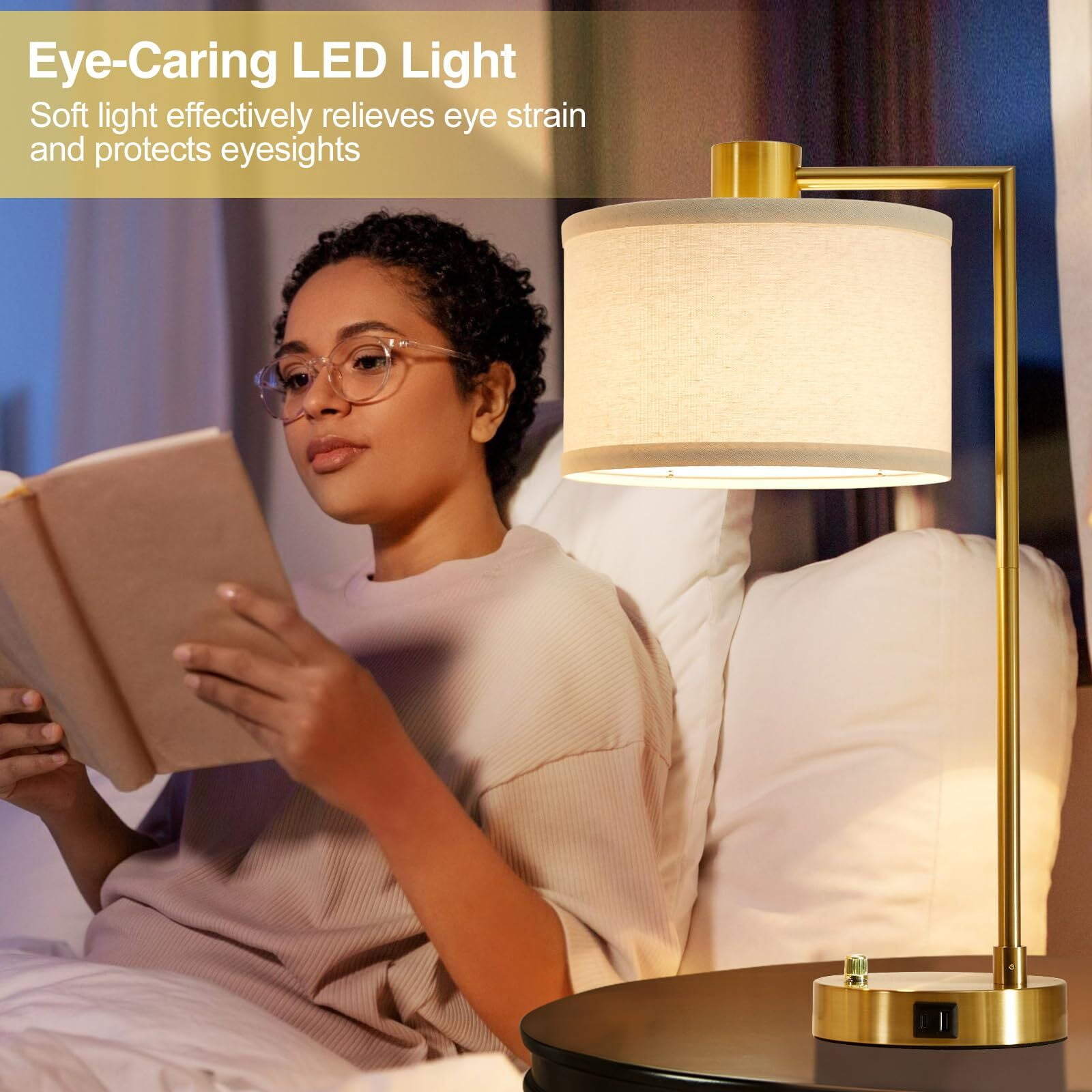 NATYSWAN Table Lamp for Bedroom Set of 2 with USB C+A Ports, Fully Stepless Dimmable Bedside Lamp with Linen Lampshade, Nightstand Lamp for Living Room Reading Office, 2 LED Bulbs Included (Gold)