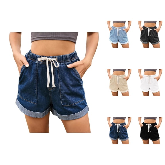 Jean Shorts Womens Summer Casual Elastic High Waist Relaxed Fit Roll Up Hem Beach Denim Shorts with Pockets