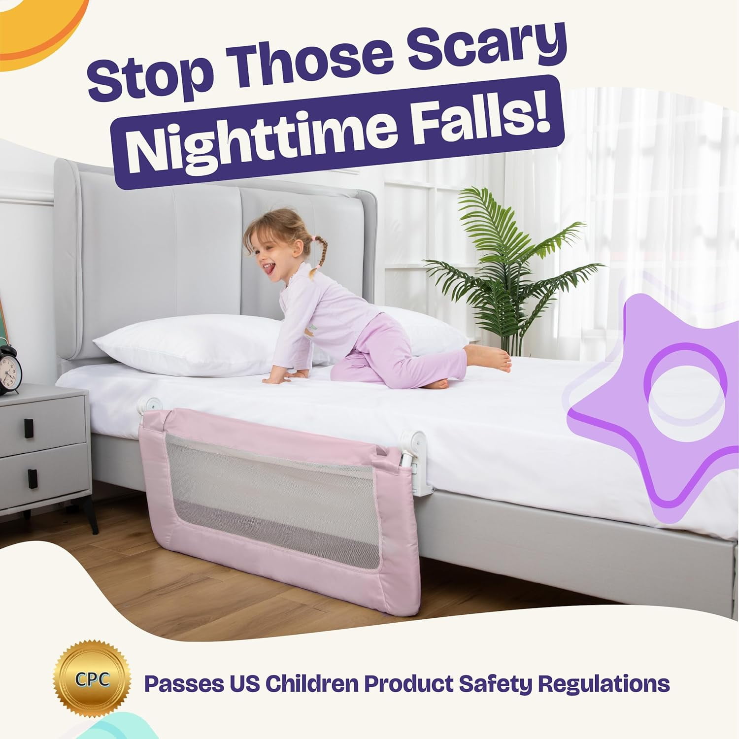 ComfyBumpy Toddler Bed Rail Guard, 35.5" x 19.5" Regular Swing Down Rail for Kids Beds, Pink, 1 pack
