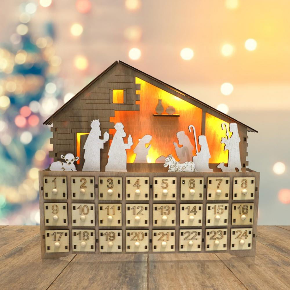 LED Nativity Countdown Natural 12 x 11 Wood Christmas Holiday Advent Calendar 