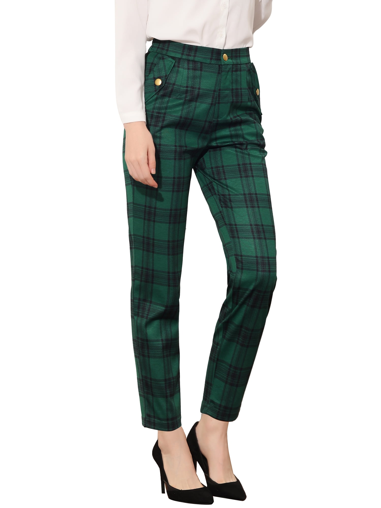 DARING DIVA Women's Tartan Plaid Pants Elastic Waist Straight Trousers L Green