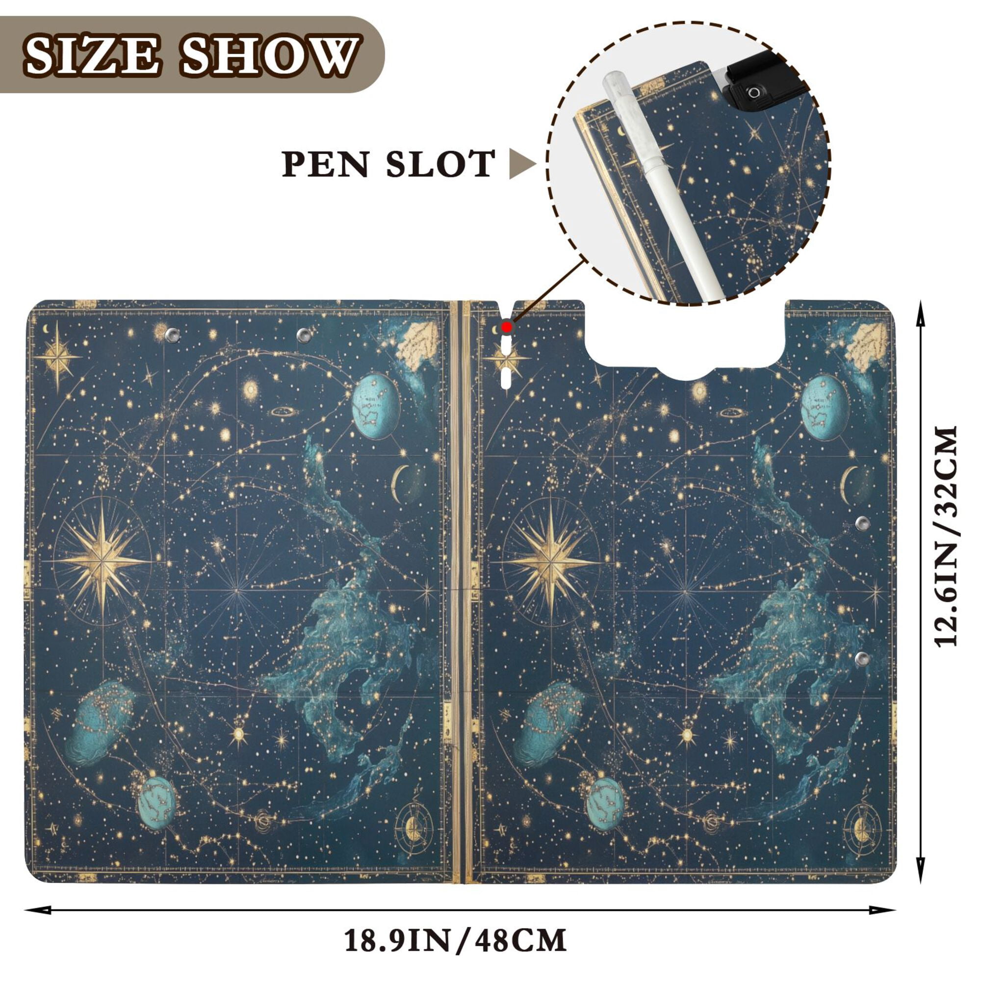 FORMRS A4 Clipboard Folder with Pen Holder Horizontal Foldable School Office Binder, Dark Star Map