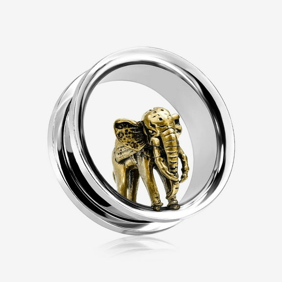 A Pair of Golden Antique Elephant Steel Screw-Fit Tunnel Plug