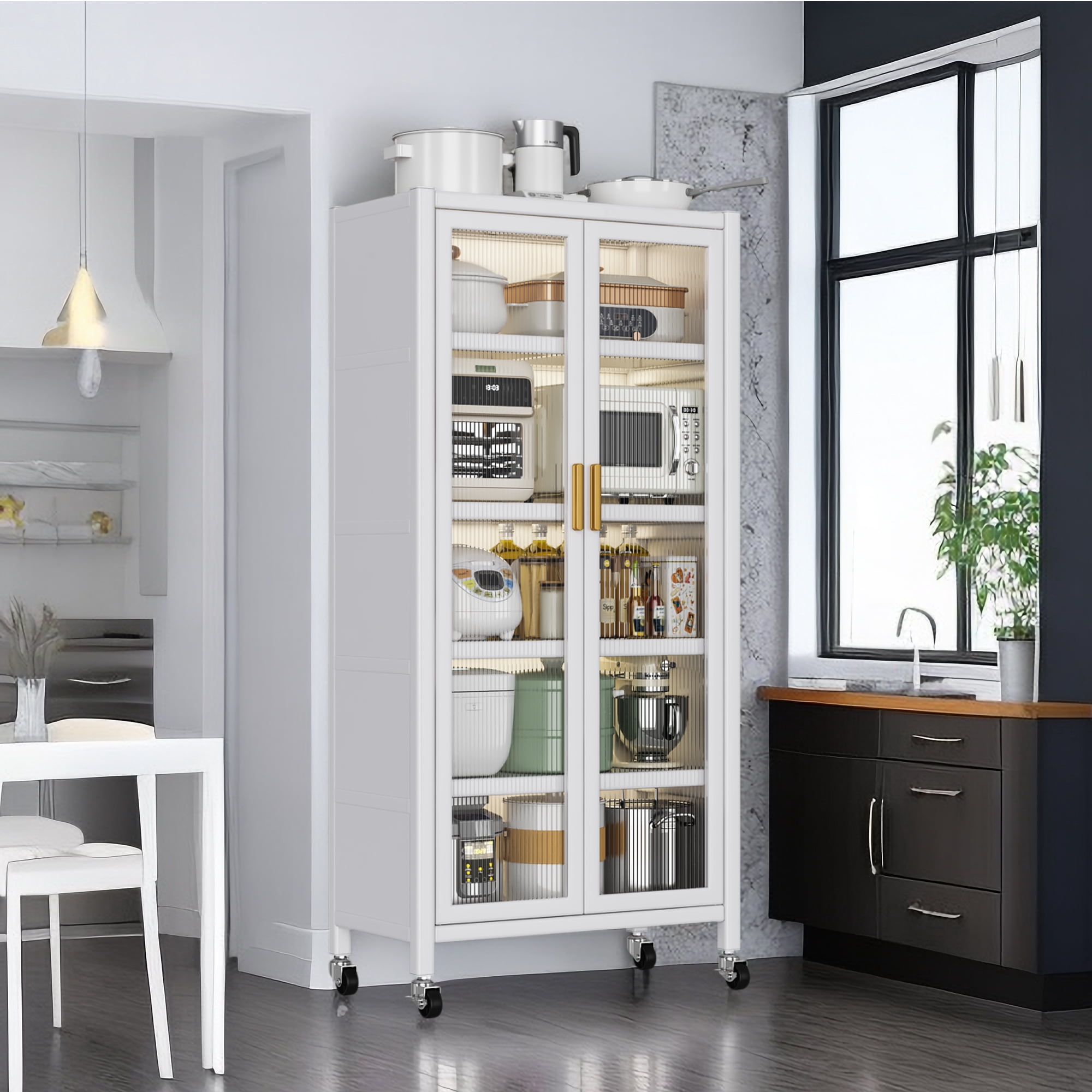 Wohh Kitchen Pantry Cabinet with Wheels, 65.2" Tall Storage Cabinet with Double Doors and Shelves, Metal & PC Microwave Stand Organizer, Freestanding Utility Cupboard for Dining Room