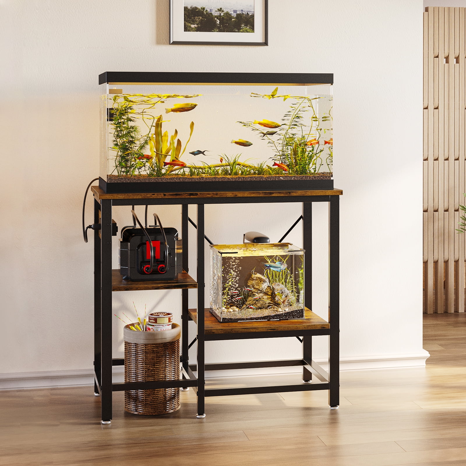 Bestier 20-29-37 Gallon Fish Tank Stand with Power Outlets, 3-Tier Heavy Duty Metal Aquarium Stand Reversible Storage Shelf