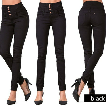 High Waist 4 Buttons Women Black Skinny Jeans Lady Pencil