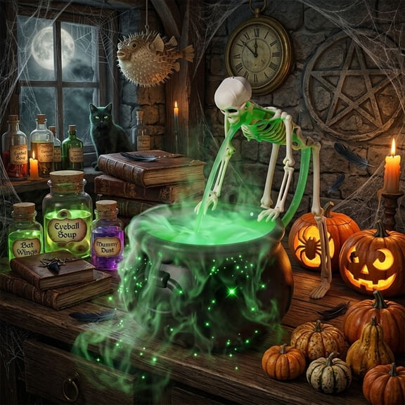 Puking Skeleton Cauldron with Green LED Mist Maker, Vintage Spooky Black Witch Bowl Halloween Decor for Party Kitchen Mantel Tabletop, Halloween Decorations Indoor