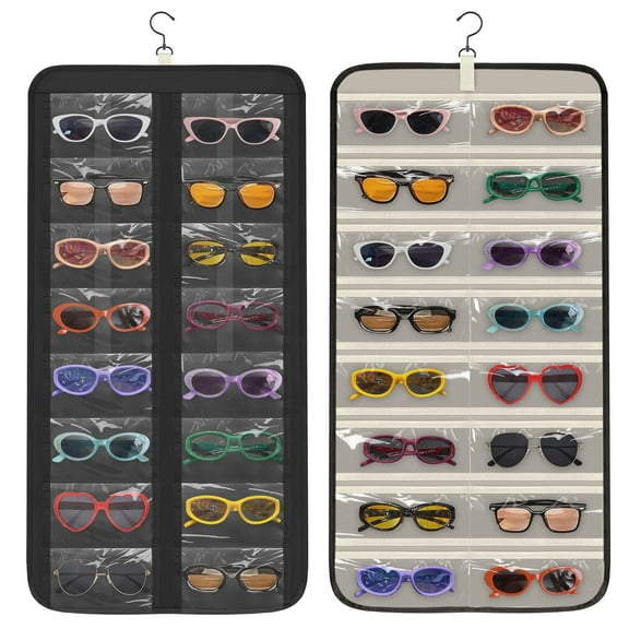 EEEkit Hanging Sunglasses Organizer, Dual Sided Dust Proof Sunglasses Storage Case, Eyeglasses Holder Wall Mounted with 32 Clear Slots & Metal Hook