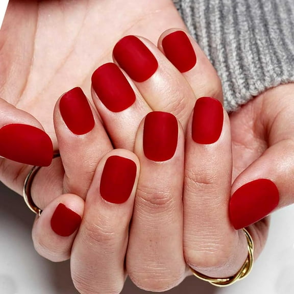 Press on Nails Extra Short Squoval, Spring Summer Red Velvet Glue on Gel Nails, 24Pcs Matte Round Reusable UV Finish Fake Nails Acrylic False Nails Manicure Kits for Women Gift A6-Matte Red 0.03