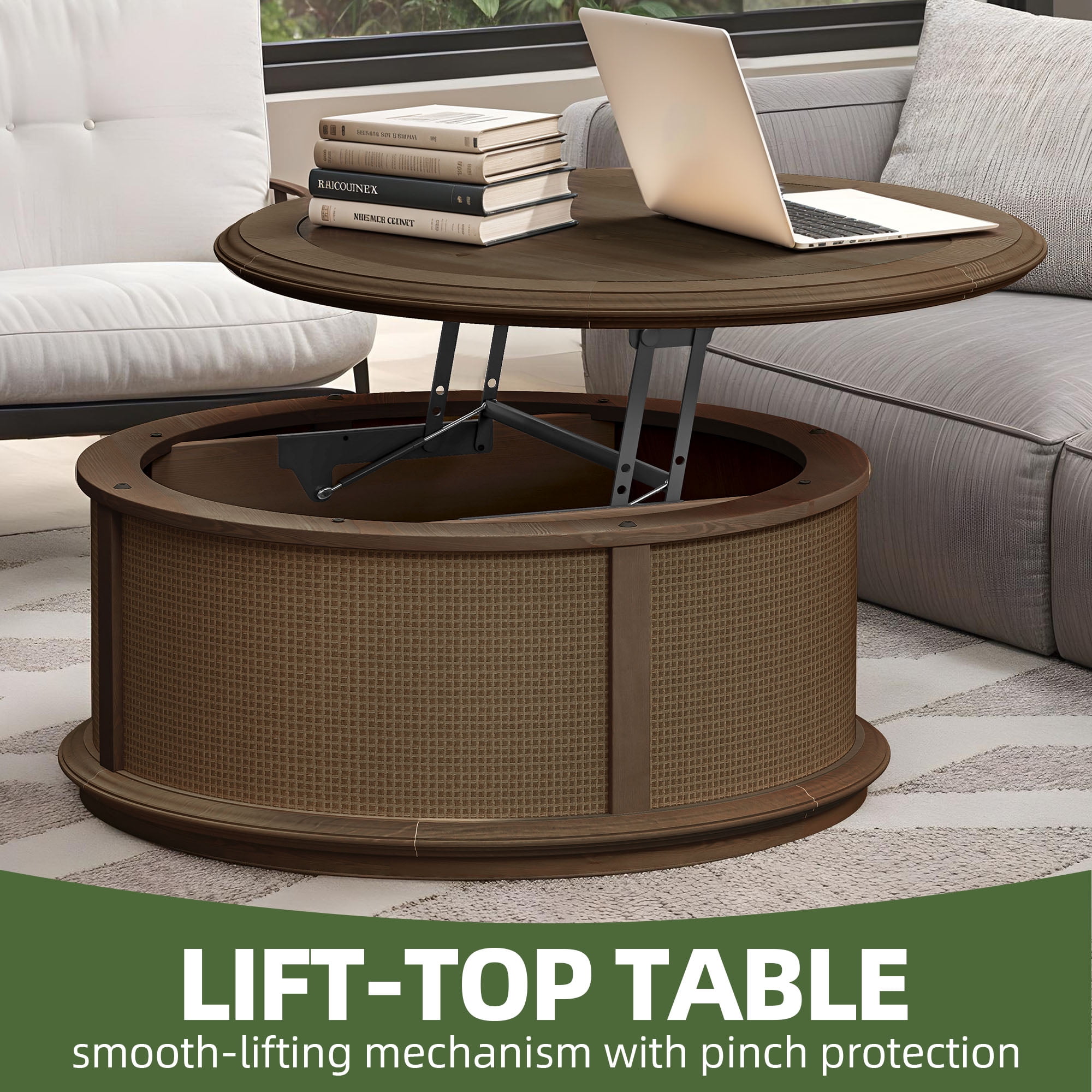 Uforic Multifunctional Round Rattan Lift-Top Coffee Table – Brown Wood Finish with Hidden Storage