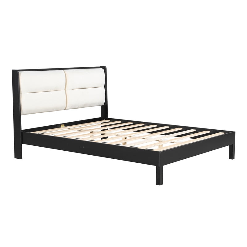 Wooden Queen Size Platform Bed with Velvet Upholstered Headboard, Low-Profile Bed Frame with Slat Support No Box Spring Needed