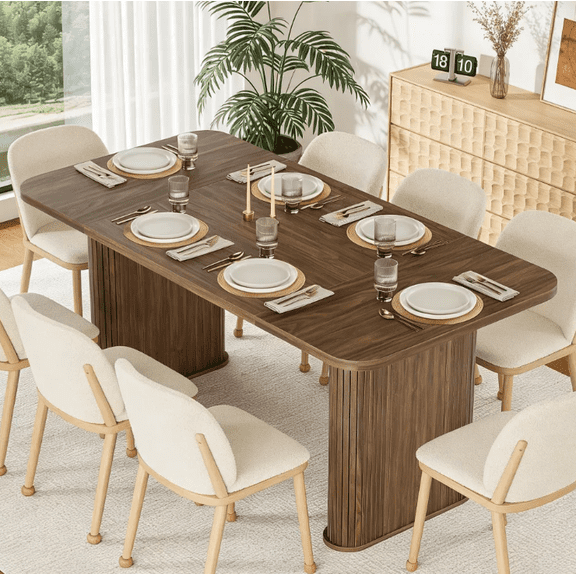 62-inch Modern Dining Table for 6 People, Rectangle Solid Wood & MDF Kitchen Table with Double Pedestal Base, Sturdy Family Dinner Table for Dining Room
