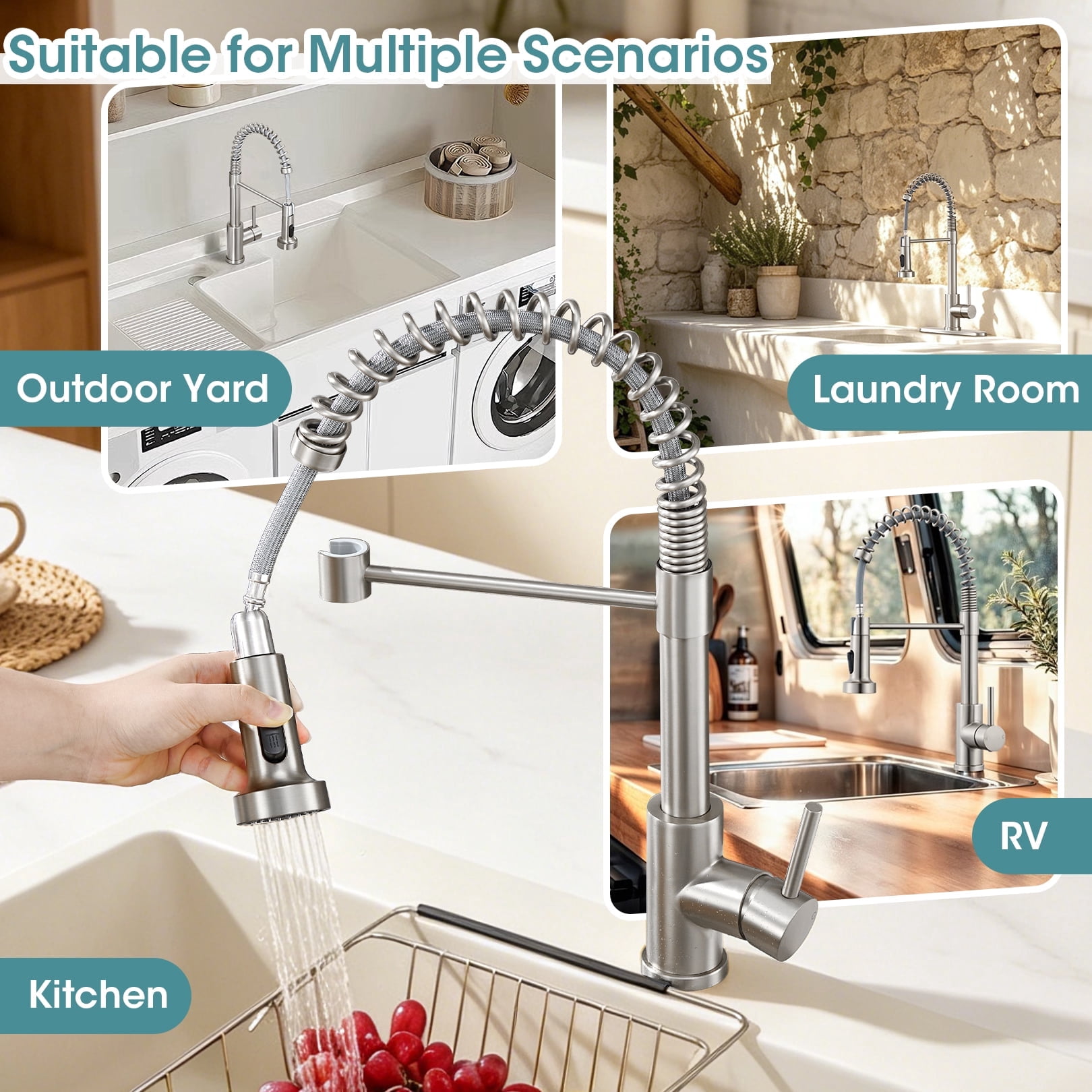 Wowkk Sanitary Ware 304 Stainless Steel Kitchen Faucet with Pull Out Sprayer, 2 Water Modes Single Handle Kitchen Sink Faucets with Deck Plate for Laundry Bar Patio Sink, Brushed Nickel
