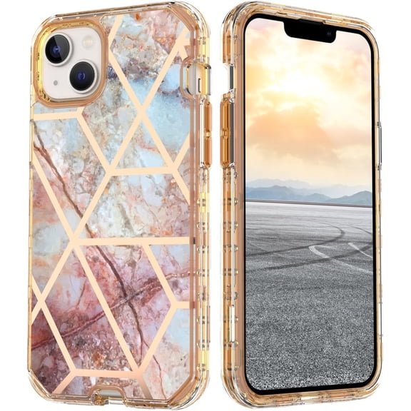 Case for iPhone 12,Plating Marble Military Grade Rugged Heavy Duty Full Body 3 in 1 TPU PC Portection Shockproof Protective Phone Case for iPhone 12,6.1 inch 2020 (Grid Gold)