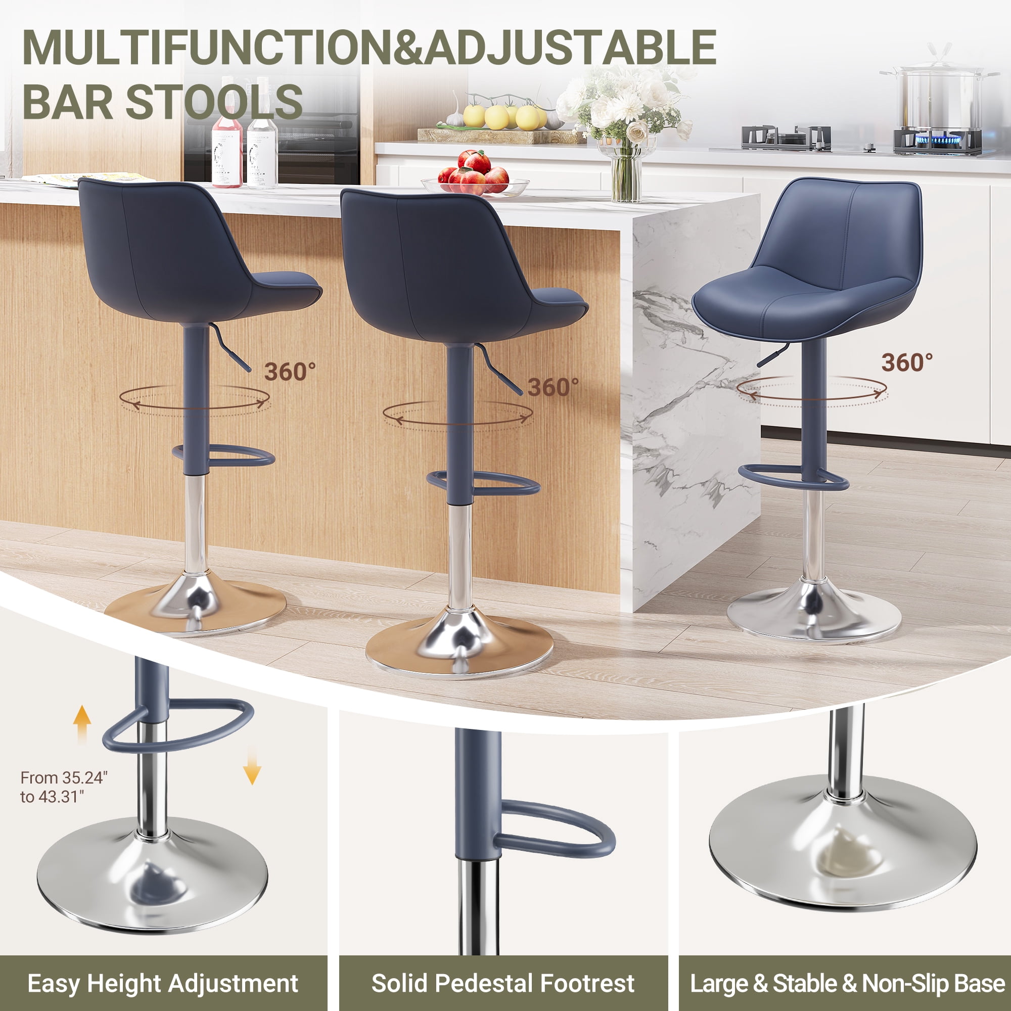 EOP Upholstered Bar Stools Set of 4, Adjustable Swivel Counter Height Bar Chairs with Backrest, Modern PU Leather Counter Stools for Bar, Kitchen, Dining Room, Blue