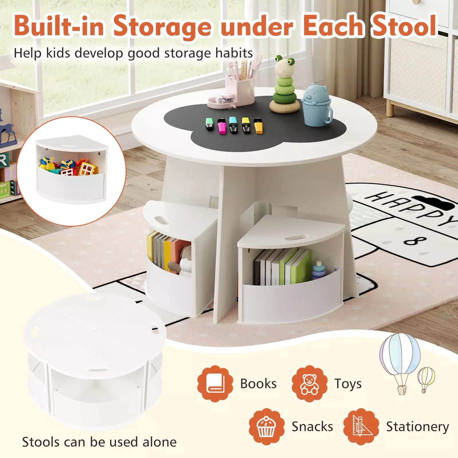 Auranook 5 PCS Kids Table and Chair Set with Writable Blackboard Desktop Toddler Table