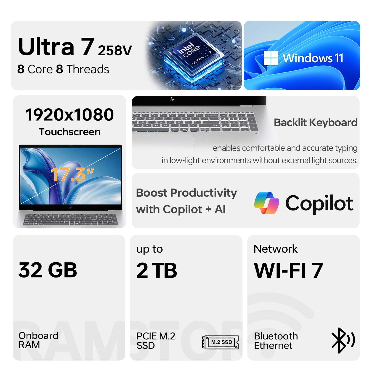 HP OmniBook 7 17.3" FHD Touchscreen Laptop, Intel Core Ultra 7 258V, 32GB RAM, 1TB SSD, W11H, Silver