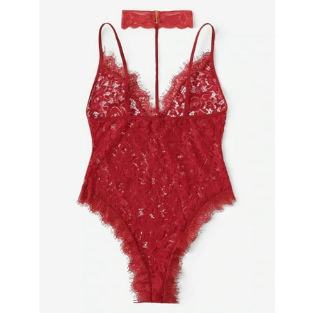 

Gaiseeis Women Eyelash Floral Lace Teddy Bodysuit With Choker Jumpsuit Backless Lingerie Red L