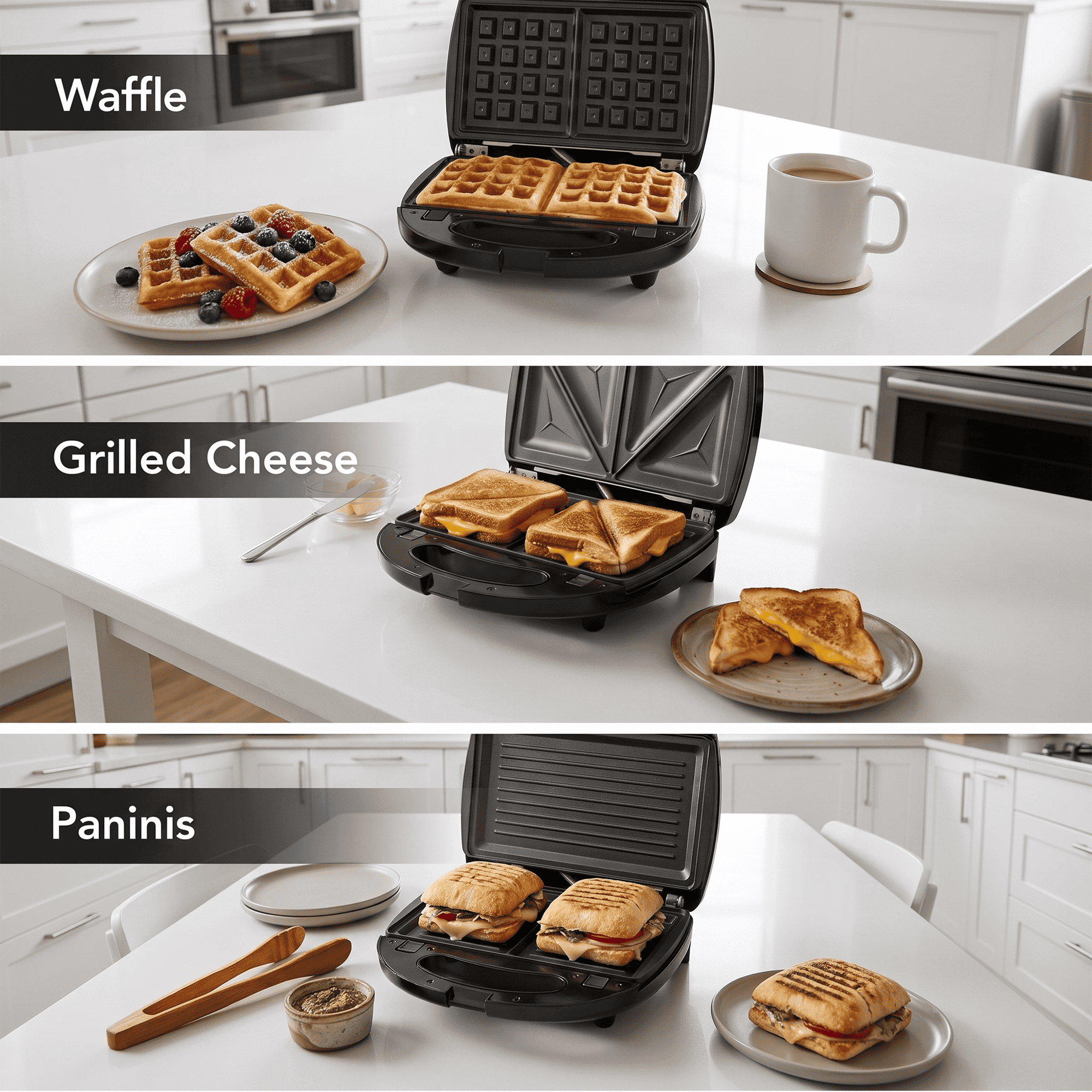 OVENTE 3 in 1 Electric Sandwich Maker, 750W Non-Stick Plates, Black GPI302B | Panini Press Grill and Waffle Iron Removable Set , Perfect for Grilled Cheese, Tuna Melts, Burgers, Steaks and Snacks