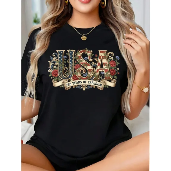 Women's USA 250 Years of Freedom Patriotic Floral Graphic T-Shirt Black Short Sleeve Tee
