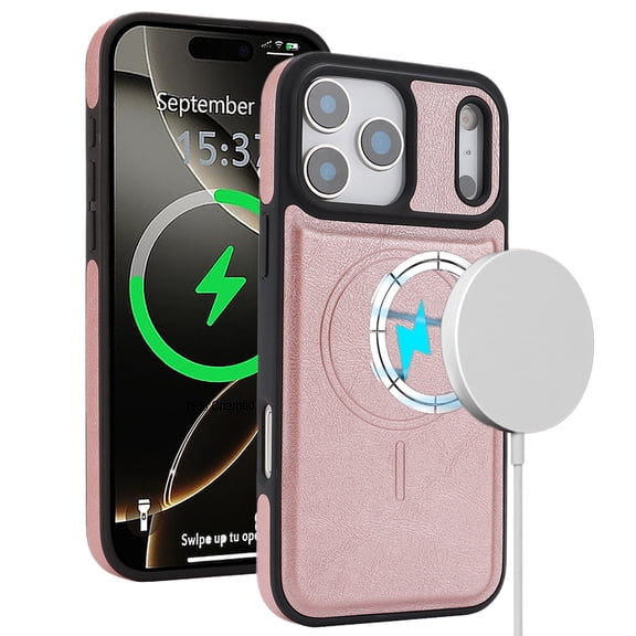 COAROVER for iPhone 17 Pro Max Faux Leather Magnetic Phone Case Shock-absorbent Matte Slim Fit Non-Slip Anti-Fingerprint Protective Back Cover Shell,Rosegold