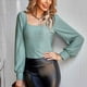 thumbnail image 3 of Top de manga larga para mujer, cuello en U, camisa de punto con huecos, jersey de Color puro, blusa, traje de otoño e invierno, verde guisante S, 3 of 7