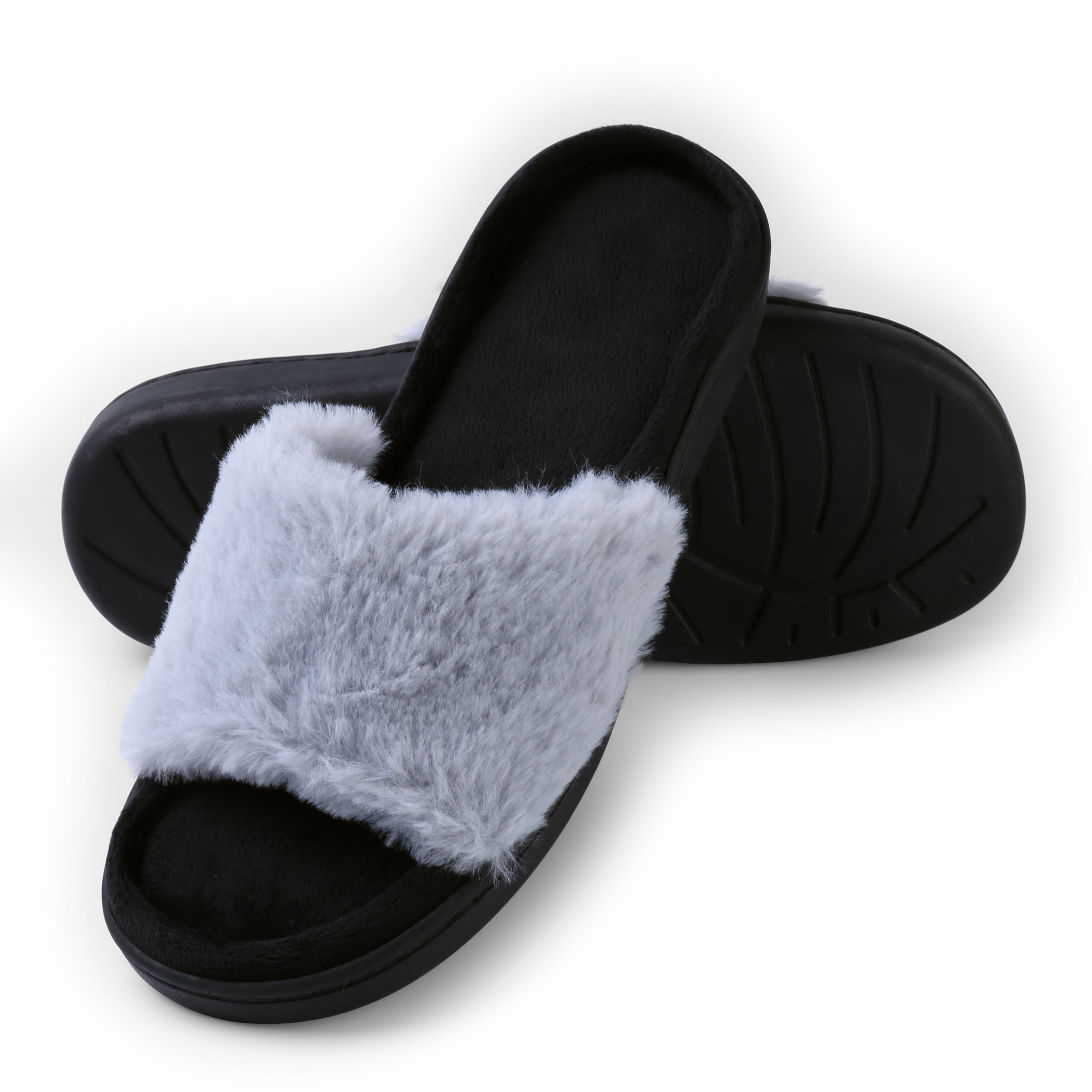 Women's Light And Fluffy Soft Plush Sandal Slippers with No-Slip Rubber Sole For Indoor, Outdoor, Spa Use (Gray)