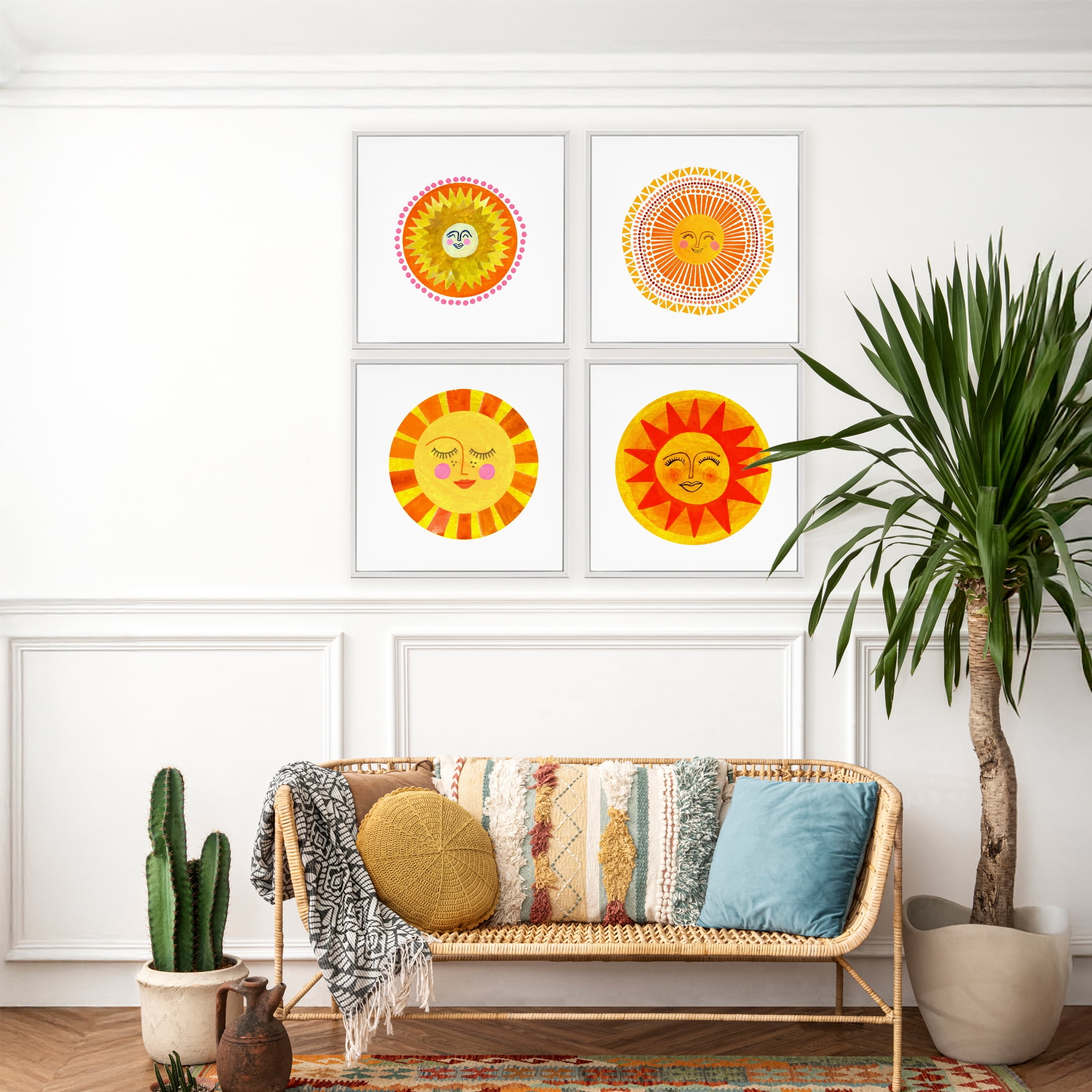 Stupell Industries Whimsical Smiling Suns 4 Piece White Framed Giclee Art Set, design by Katherine Herrell Studio