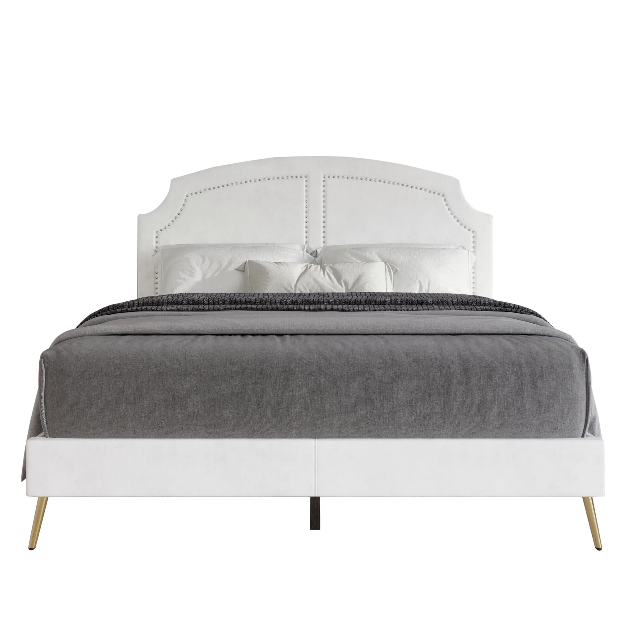 Castle Place Glam Upholstered Velvet Nailhead Trimmed Full Bed, White