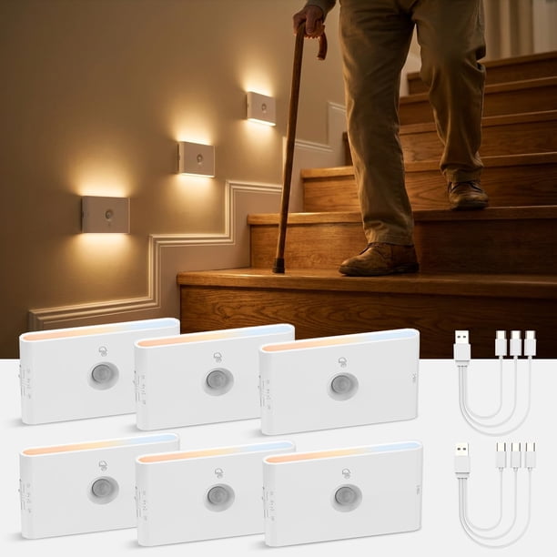 Luz de escalera recargable con sensor de movimiento luces de noche blancas con montaje magnético luces de escalera regulables para interiores para esc
