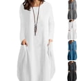 thumbnail image 4 of Vestido de manga larga con bolsillo, color puro, cuello redondo, cómodo vestido casual para mujer, 4 of 6