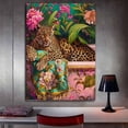 thumbnail image 6 of Mudket Leopard in Bathtub with Vibrant Tropical Floral Canvas Wall Art, Boho Bathroom Wall Decor Pictures Waterproof Print for Powder Room Living Room Home Decor , Framed Ready to Hang - 12"L x 8"W, 6 of 9