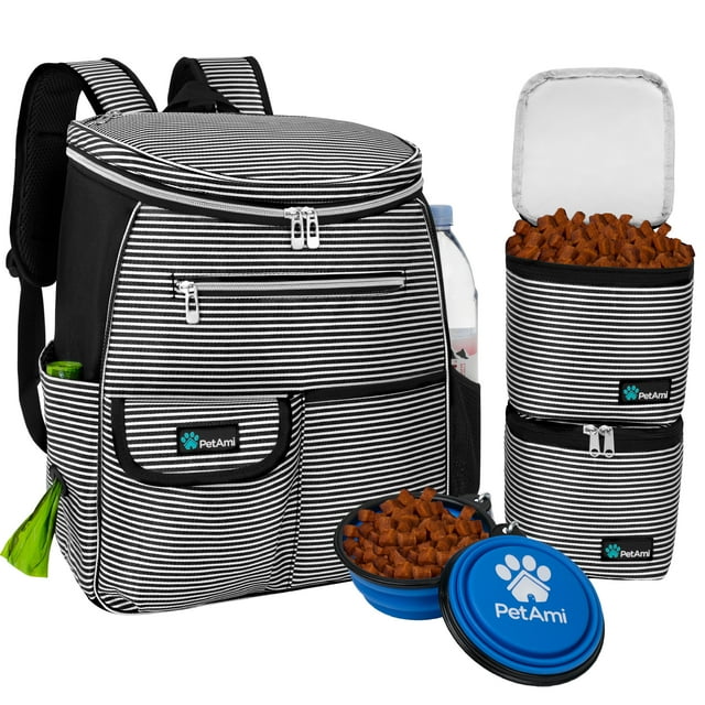 PetAmi Sac de Voyage pour Chien Sac à Dos, Sacs pour Chien Approuvés par les Compagnies Aériennes, Fournitures de Sac à Couches pour Chiot, Essentiels de Camping pour Animaux Accessoires de Randonnée Cadeau pour Chien, Récipient Alimentaire, Bols Pliables, Rayé Noir