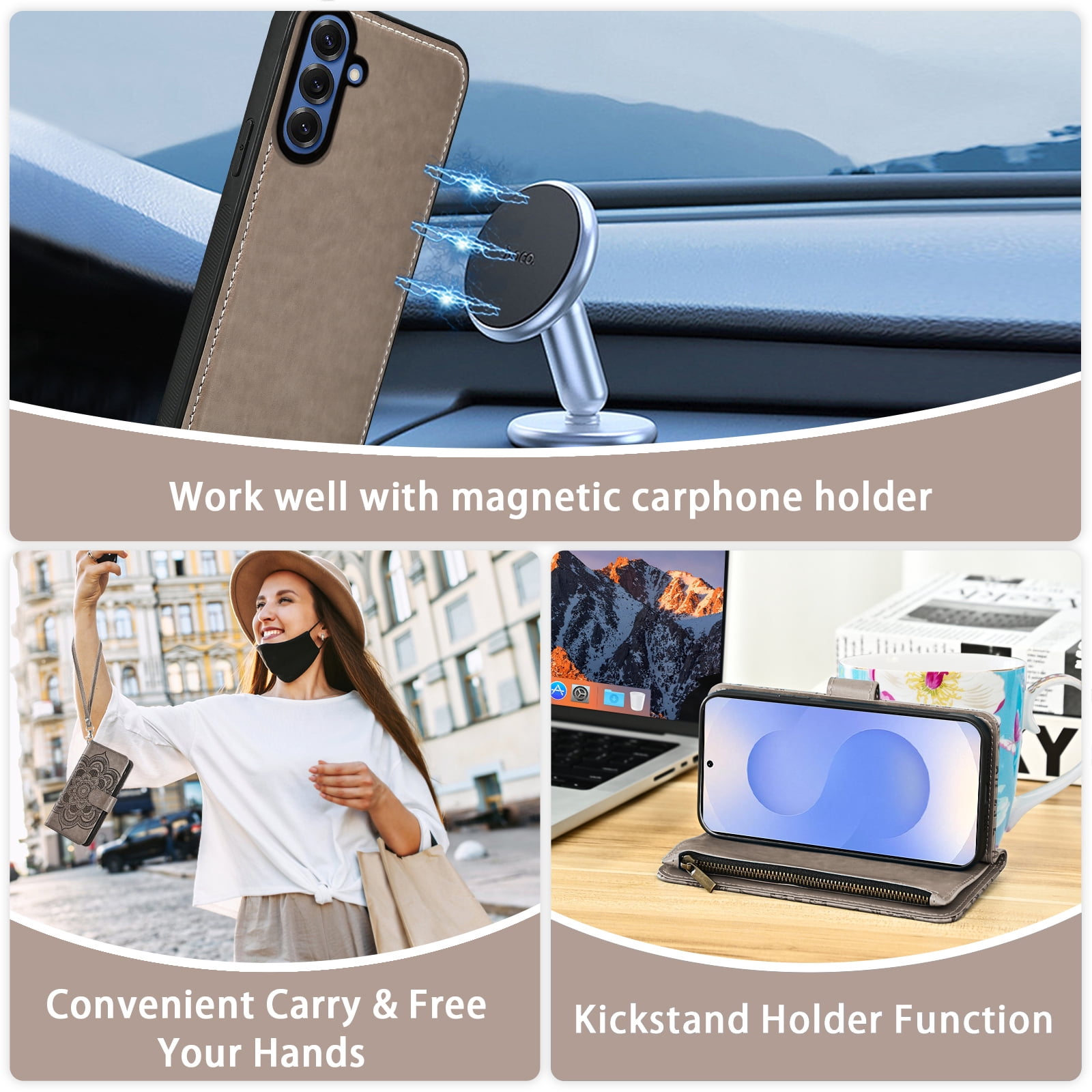 Asuwish Phone Case for Samsung Galaxy S25 5G Zipper Wallet Magnetic Detachable Cell Cover with Tempered Glass Screen Protector Crossbody Strap Flower Card Holder Slot S 25 25S G5 Women Girls Grey