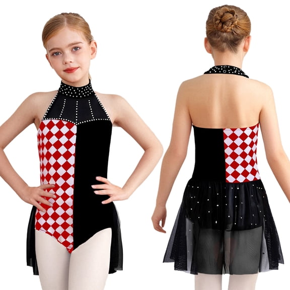 iiniim Girls Circus Clown Jumpsuit Halter Neck Sparkle Ballet Leotard Gymnastics Modern Dancewear Black 8