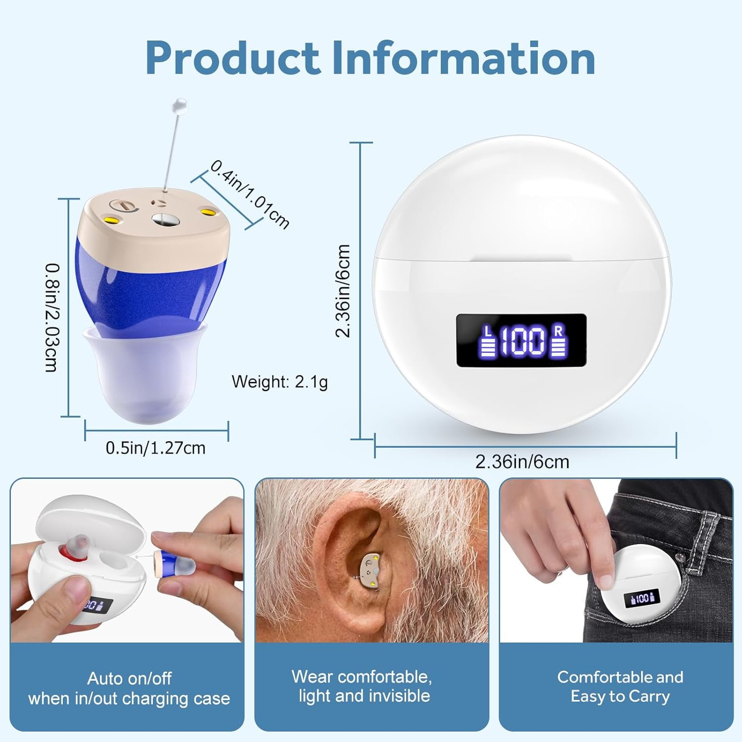 SUWU Rechargeable Digital Hearing Aids for the Elderly, Almost Invisible, with Noise Cancellation, Suitable for Hearing Loss Adults, Behind-the-Ear Hearing Aids, Easy to Control