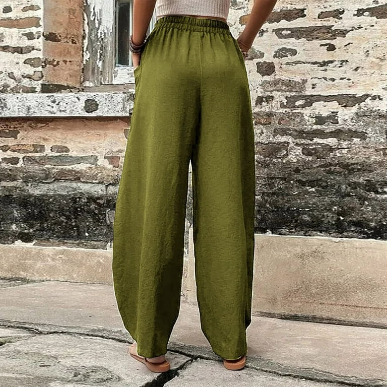 Lounge Pants for Women Cotton Linen Elastic Waisted Summer Casual Baggy  Solid Color Slacks Trousers with Pockets (3X-Large, Navy)