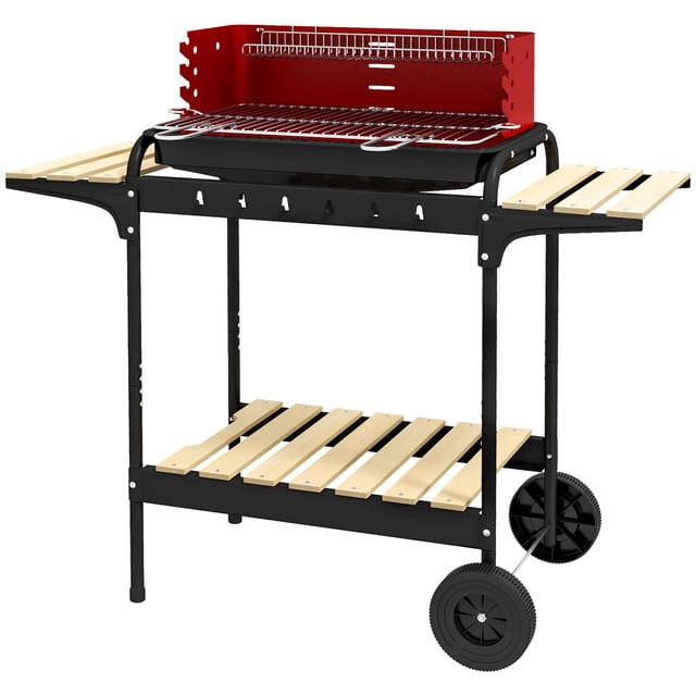 Chariot de Barbecue au Charbon Rouge avec Hauteur Réglable à 5 Niveaux, Barbecue en Métal avec Grille de Réchauffement, Tablettes Latérales et Inférieures, Récupérateur de Cendres et Roues pour Patio, Jardin Ou Cour Arrière