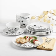 Tabletops Gallery 12 Piece Margo White Floral Hibiscus Ceramic Dinnerware Set, Round Dinner Plates Dishes Bowls, Service for 4