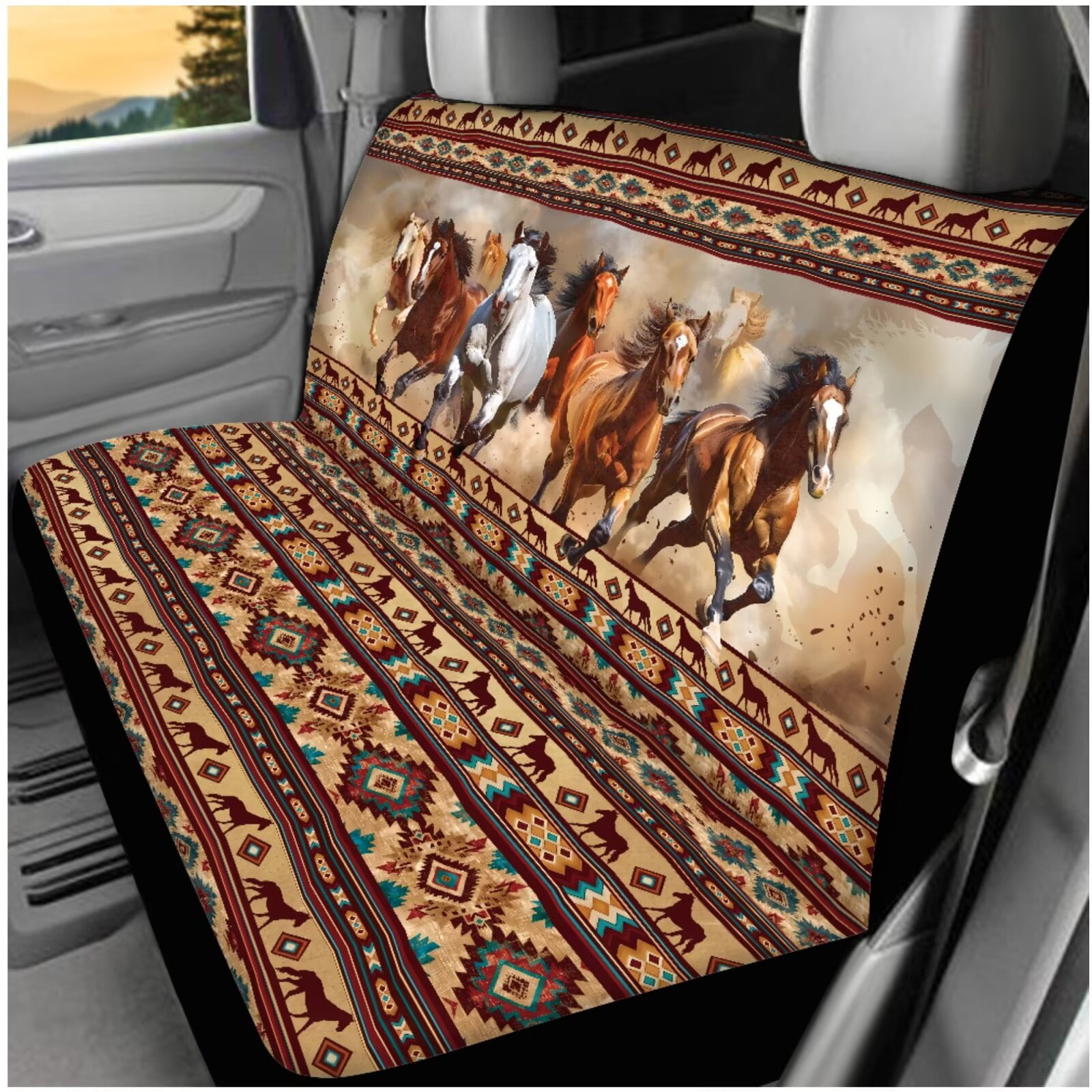 HUIACONG Aztec Horse Seat Covers for Cars Full Set Universal Car Accessories Seat Covers Front and Back with Steering Wheel Cover Armrest Cover Seat Belt Pads Headrest Cover Coasters Keychain