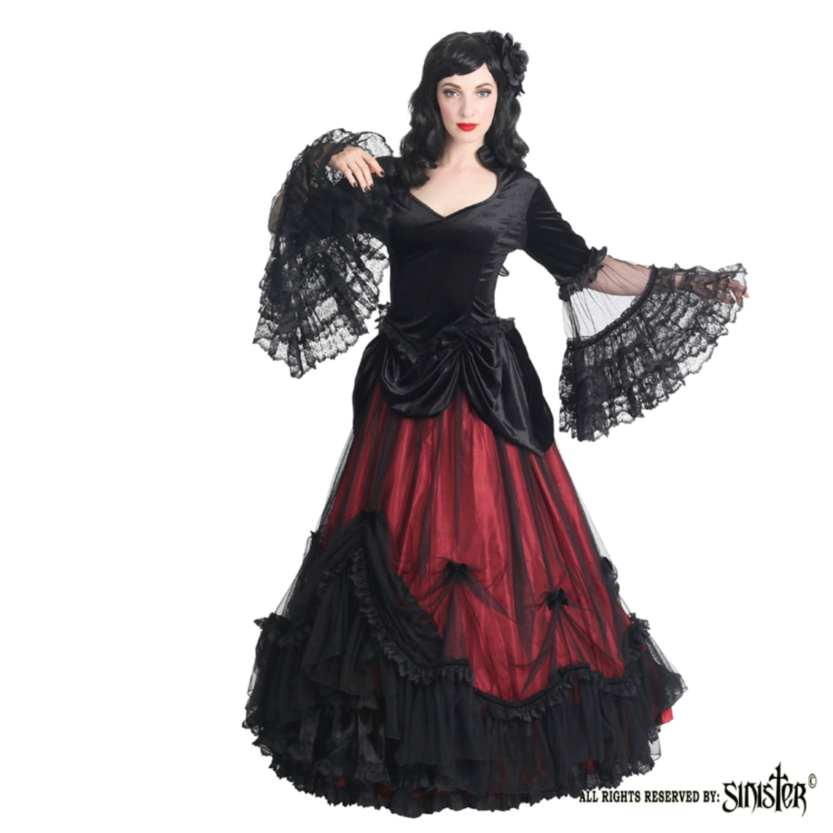 Sinister Gothic Plus Size Black & Bordeaux Red Mesh Ruffled Lace ...
