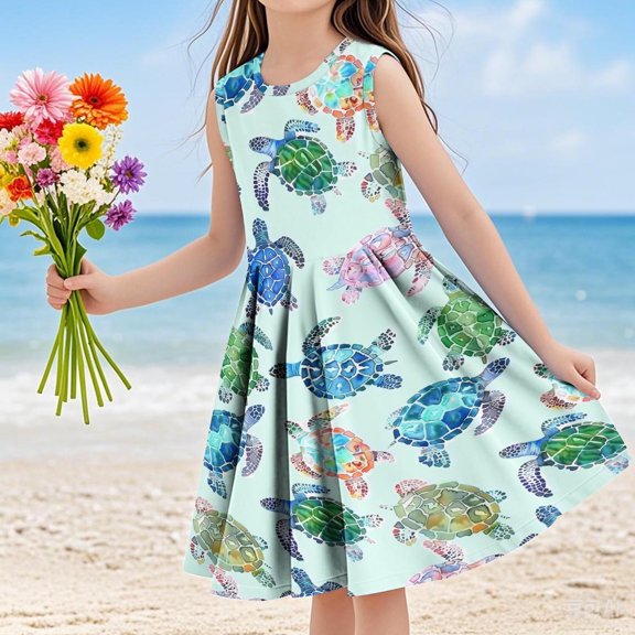 SGFCWSX Girls Sleeveless Dress Print A-Line Crew Neck Summer Party Dresses for Kids Multicolor Size 9-10 Years