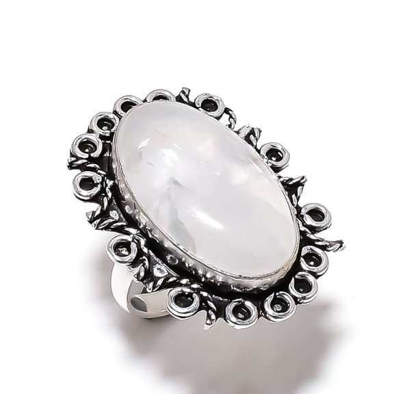 Natural Rainbow Moonstone Gemstone 925 Sterling Silver Ring Size 7.5