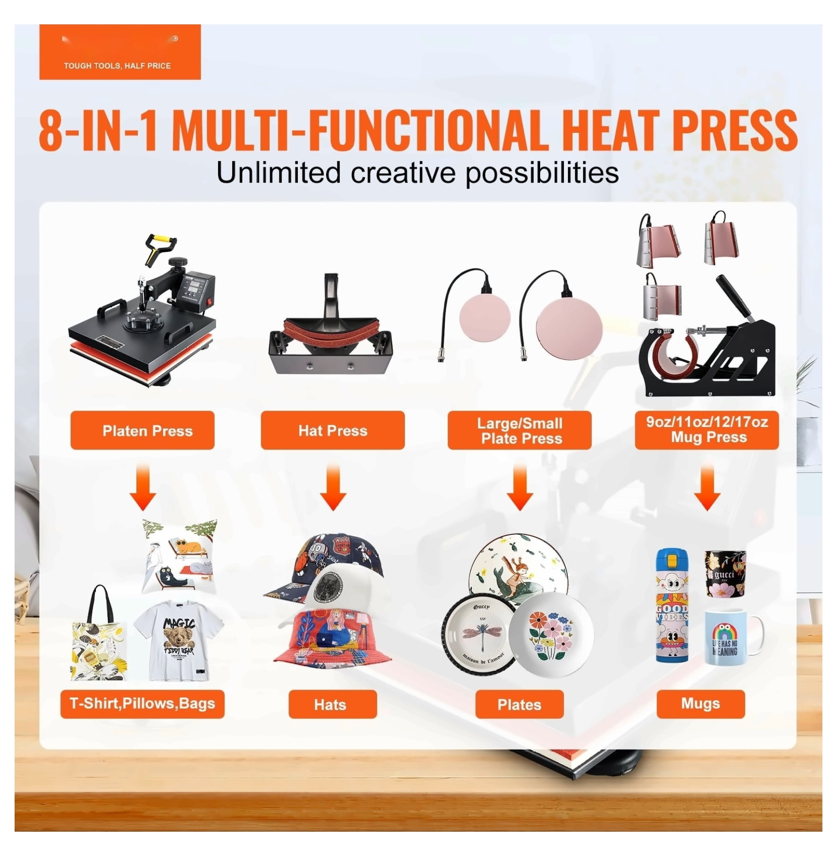 TriGol Heat Press 15x15 Inch 8-in-1 Combo Machine - Digital Multifunctional Sublimation Transfer Press for T-Shirts, Hats, Mugs, Plates - Swing Away Design
