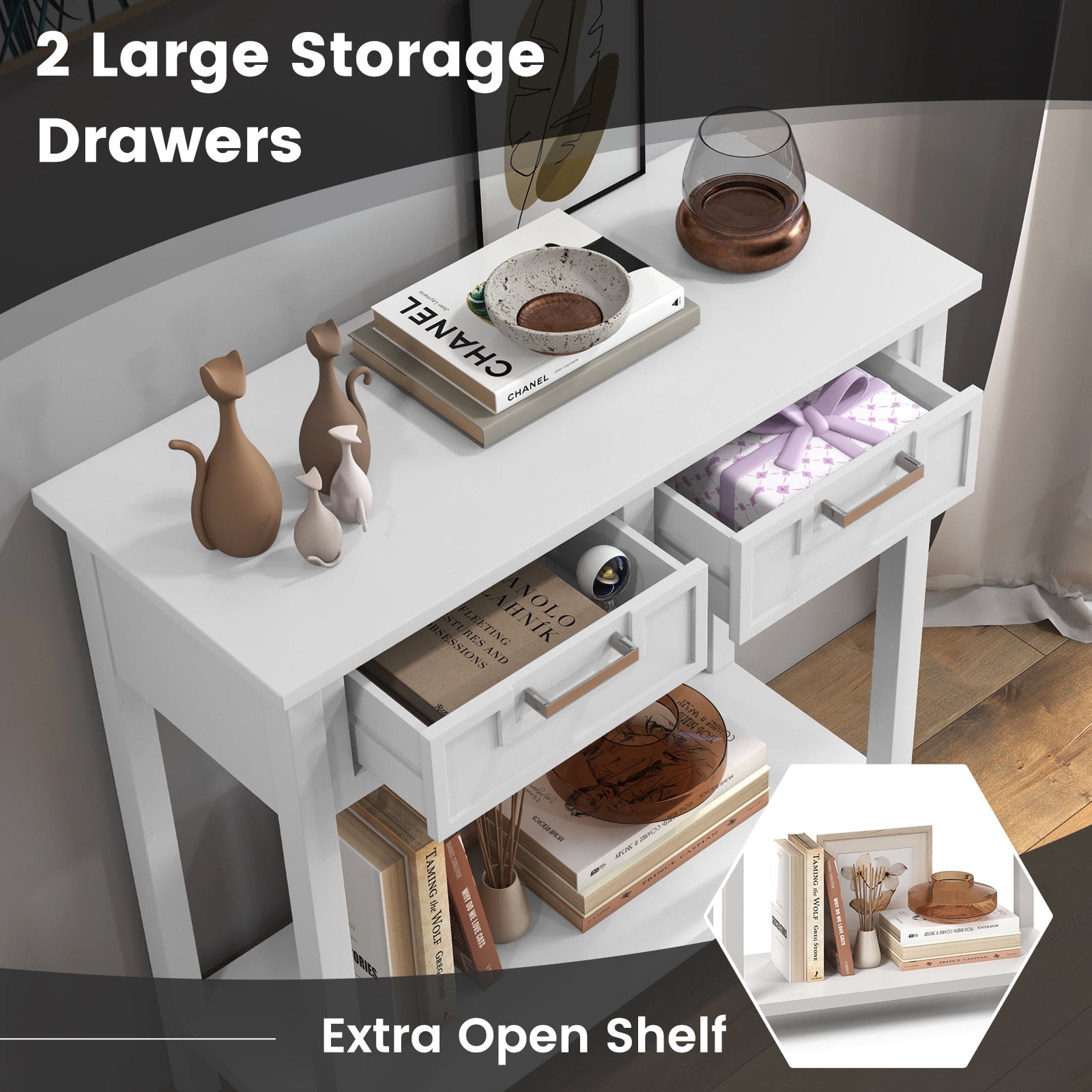 Costway Accent Console Table Entryway Sofa Foyer Table Storage Shelf with 2 Drawers White