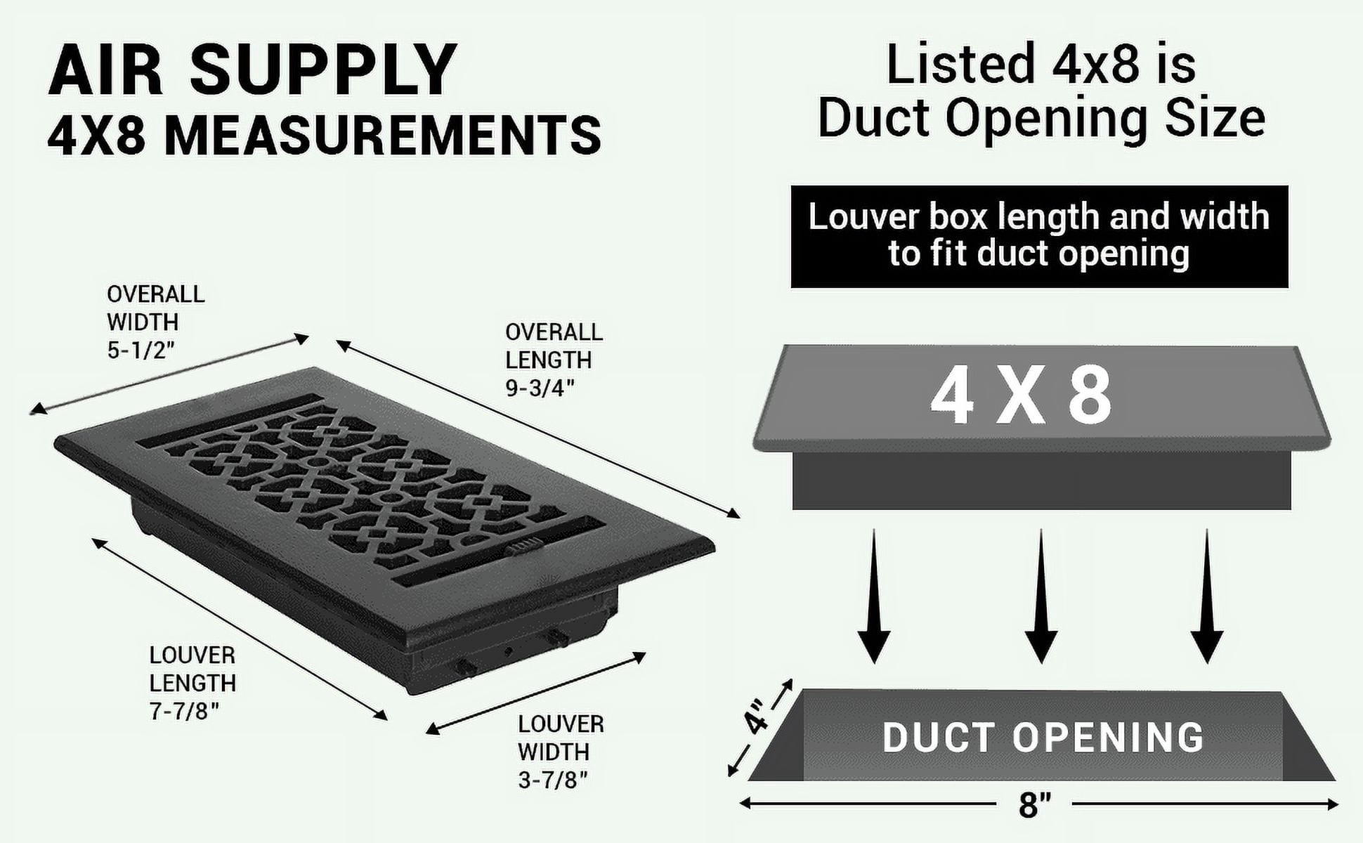 Achtek Air Supply Vent 4"x 8" Duct Opening (Overall 5-1/2"x 9-3/4") Solid Cast Aluminium Register Cover | Powder Coated