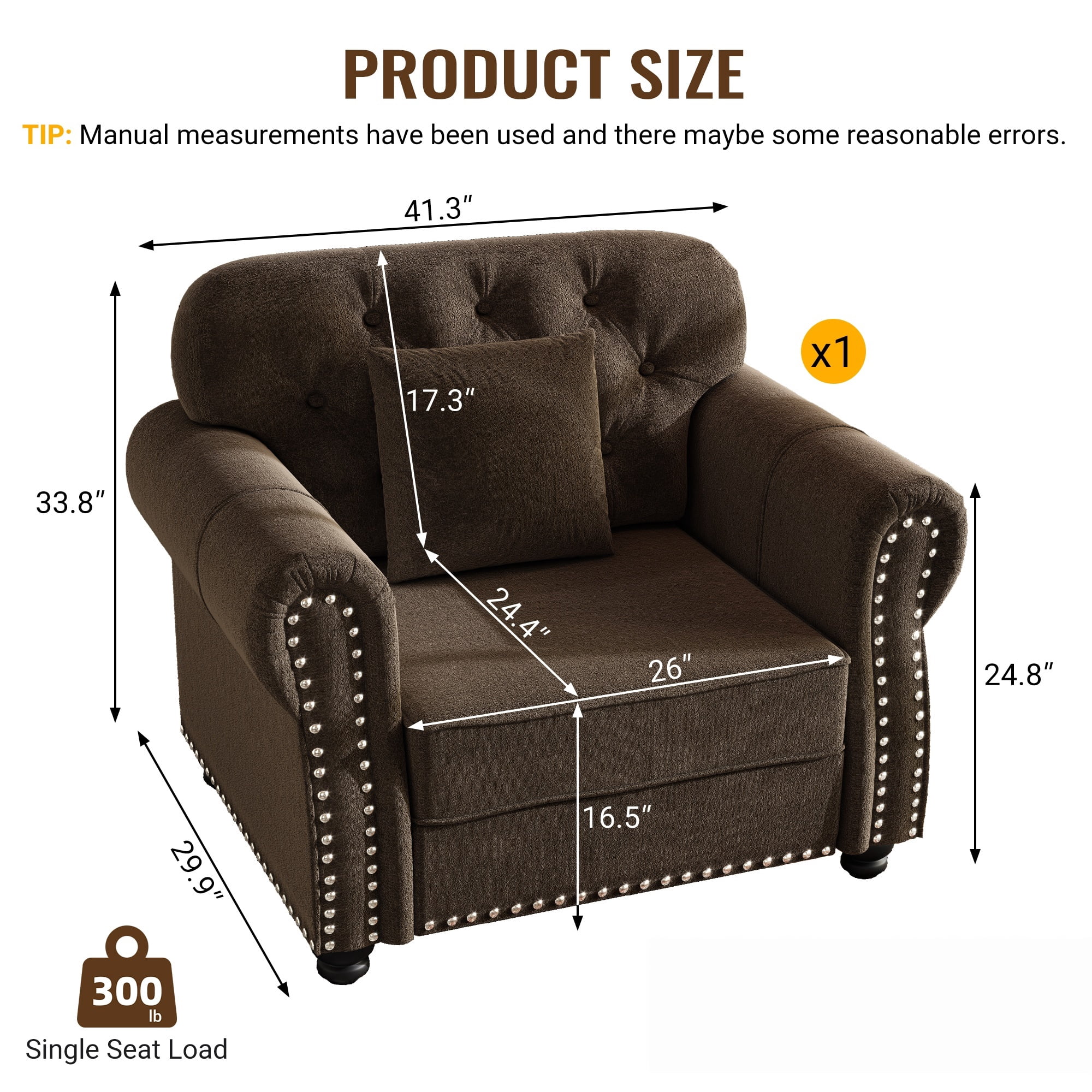 1PCS Upholstered Velvet Single Accent Sofa Chair with Nailhead Trim & Rolled Armrests, Mid-Century Modern Chesterfield Sofa with Pillow