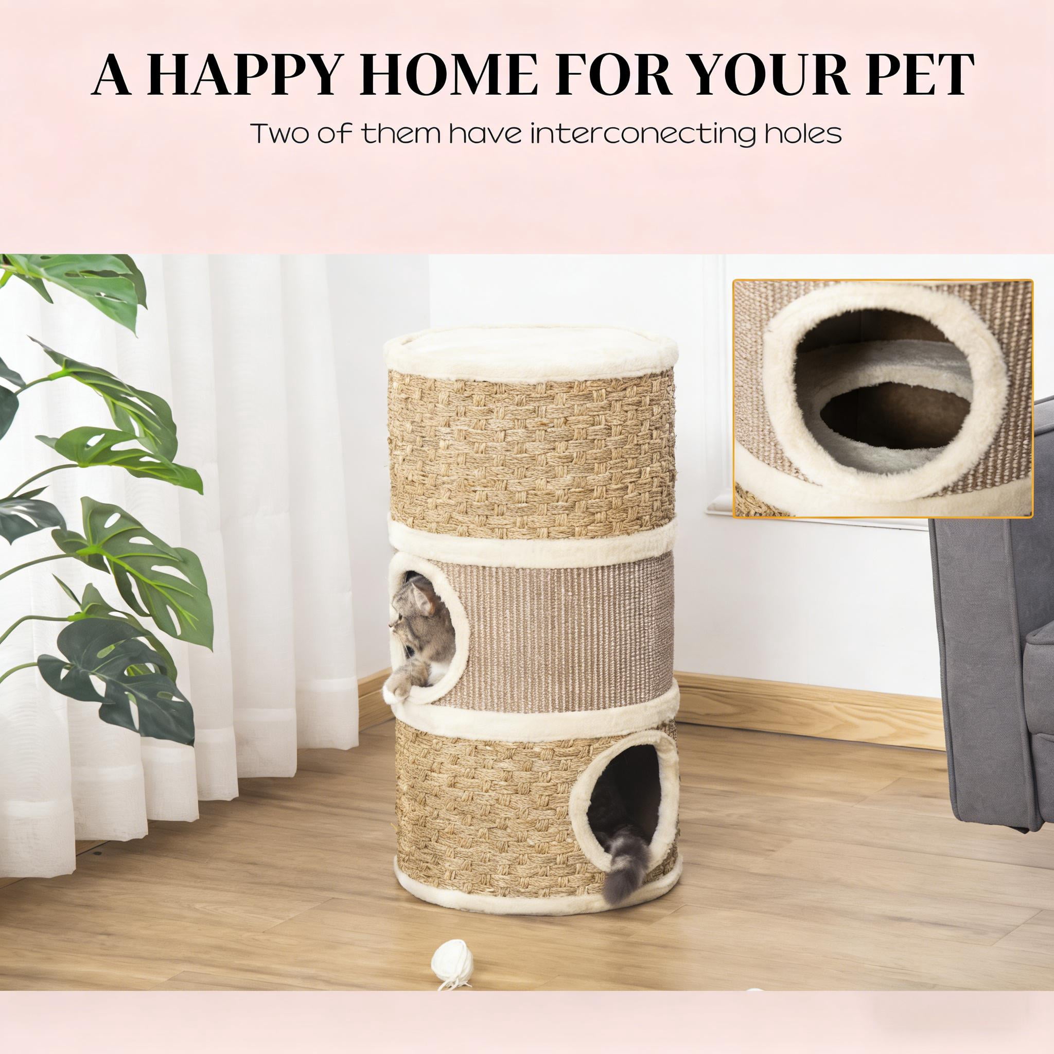 27.5" Cat Condo Barrel Shaped Cat Hideaway, 3-Tier Cat Tower with Plush Lining, Sisal & Seaweed Scratching Pads, Sturdy Particleboard No Assembly Cat House for Cats Under 9 lbs