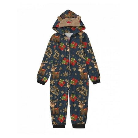 

Matching Christmas Family Pajamas Long Sleeve Elk Antler Hooded Romper Holiday Jumpsuits Adult Kids